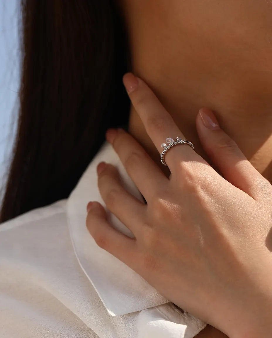 Bague Moissanite – Trois Pierres Pendantes Couleur D, Anneau Perlé Ajustable en Argent Sterling 925, Cadeau pour Elle