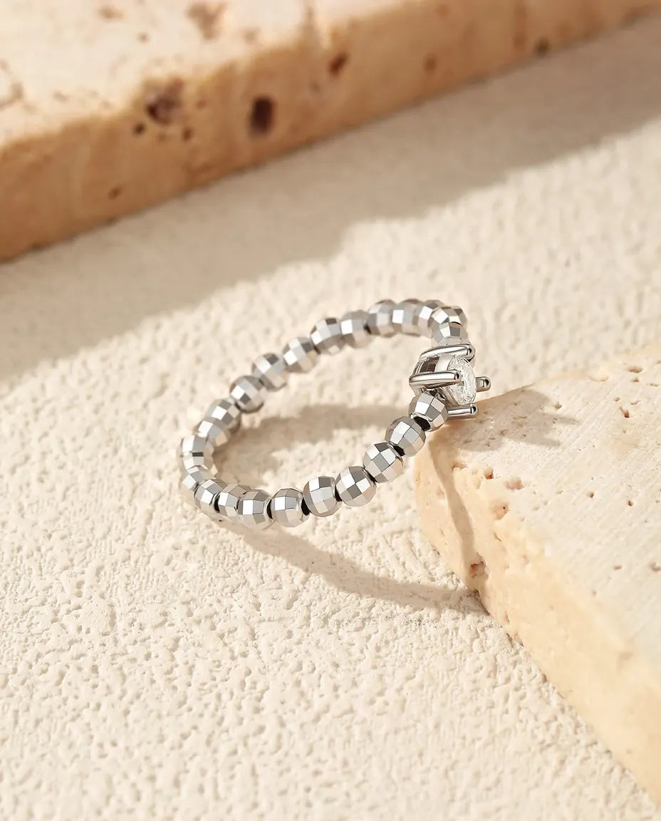 Bague Moissanite – Pierre Taille Poire Couleur D Créée en Laboratoire, Anneau Perlé Ajustable en Argent 925, Cadeau pour Elle