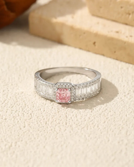 Bague Moissanite – Rose Taille Asscher 0,4 Ct avec Halo et Baguettes, Argent Sterling 925, Bague Cocktail, Cadeau pour Elle