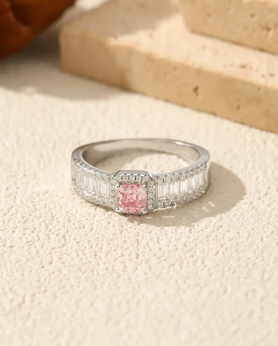Bague Moissanite – Rose Taille Asscher 0,4 Ct avec Halo et Baguettes, Argent Sterling 925, Bague Cocktail, Cadeau pour Elle