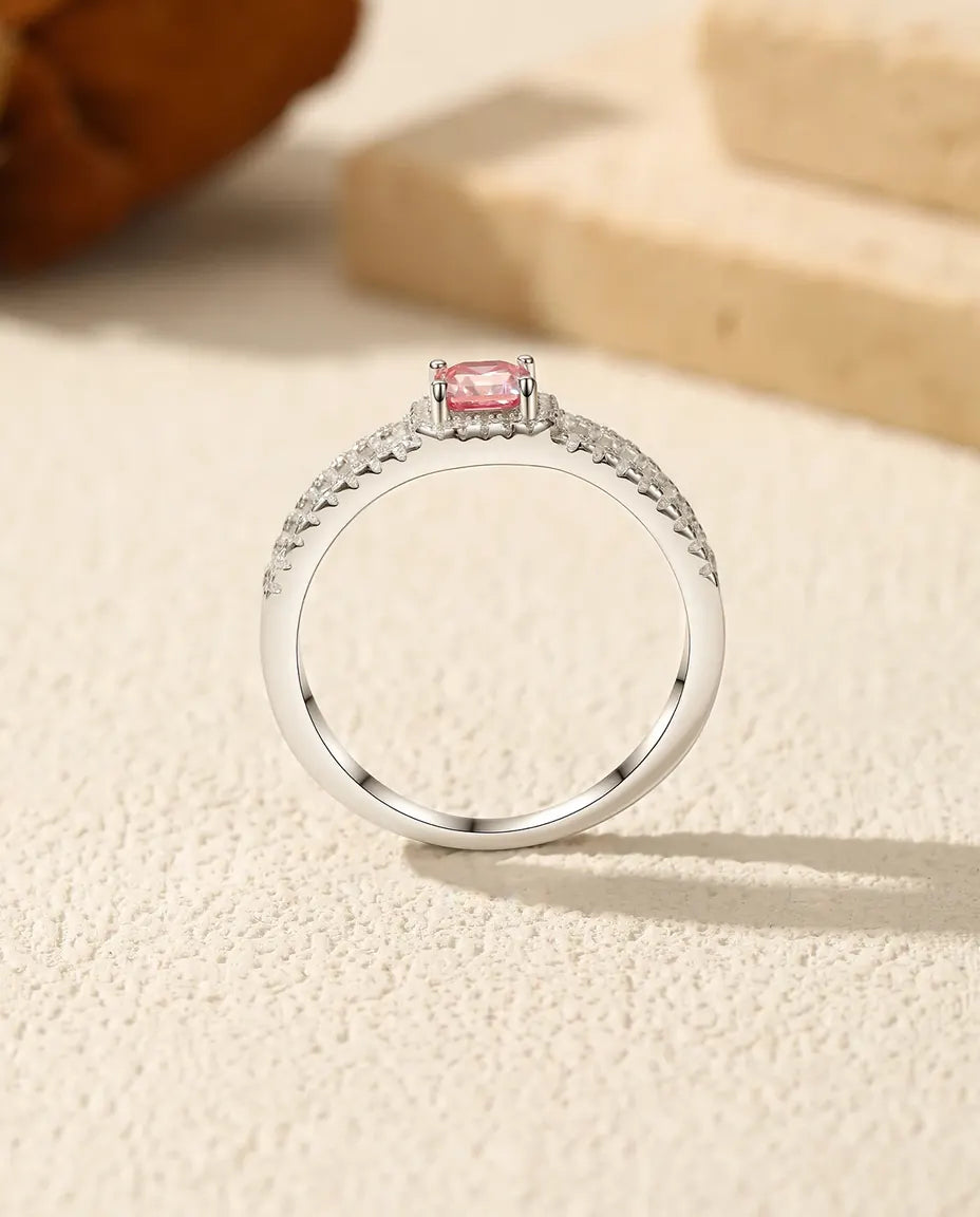 Bague Moissanite – Rose Taille Asscher 0,4 Ct avec Halo et Baguettes, Argent Sterling 925, Bague Cocktail, Cadeau pour Elle