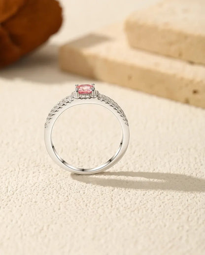 Bague Moissanite – Rose Taille Asscher 0,4 Ct avec Halo et Baguettes, Argent Sterling 925, Bague Cocktail, Cadeau pour Elle
