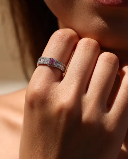 Bague Moissanite – Rose Taille Asscher 0,4 Ct avec Halo et Baguettes, Argent Sterling 925, Bague Cocktail, Cadeau pour Elle