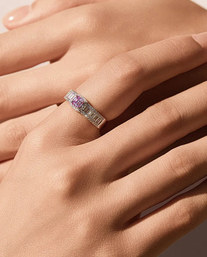 Bague Moissanite – Rose Taille Asscher 0,4 Ct avec Halo et Baguettes, Argent Sterling 925, Bague Cocktail, Cadeau pour Elle