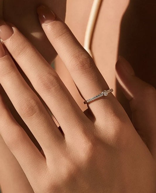 Bague Moissanite – Solitaire Rond 0,1 Carat Couleur D Serti Clos, Argent 925, Bague Fine Empilable pour Femme