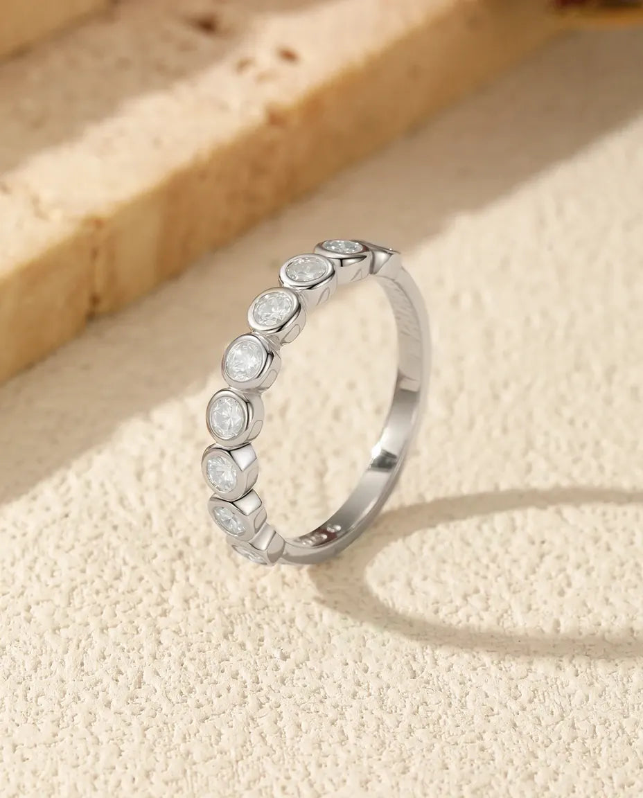 Bague Moissanite – 9 Pierres Rondes Couleur D en Serti Clos, Anneau Bulle Empilable en Argent 925, cadeau pour femme