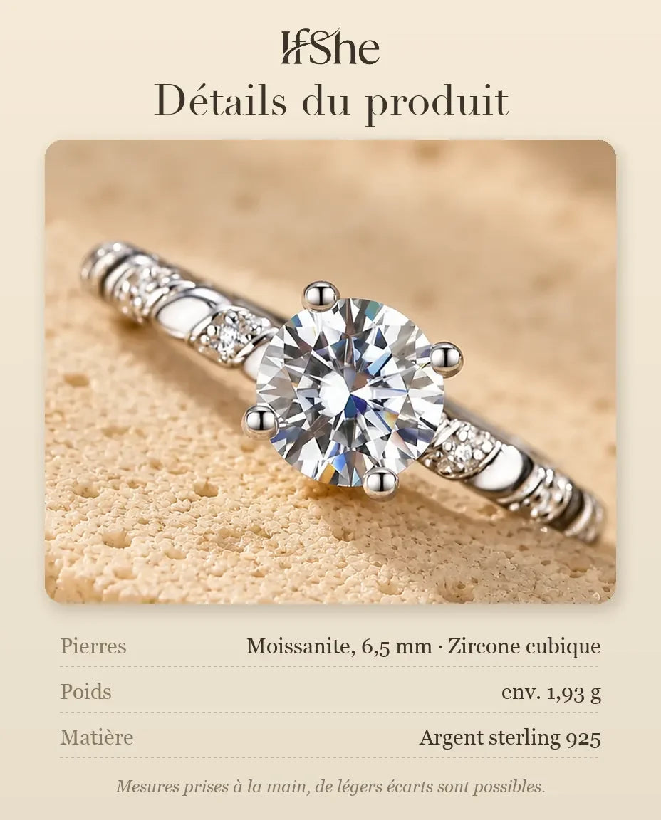 Bague Moissanite - dimensions et matière