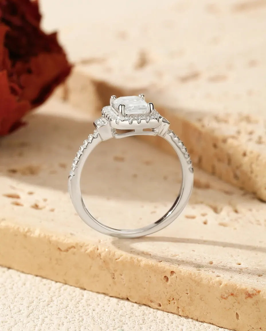 Bague Moissanite – 1 ct Taille Émeraude Couleur D, Halo Art Déco, Argent 925, Bague de Fiançailles Vintage, cadeau pour Elle