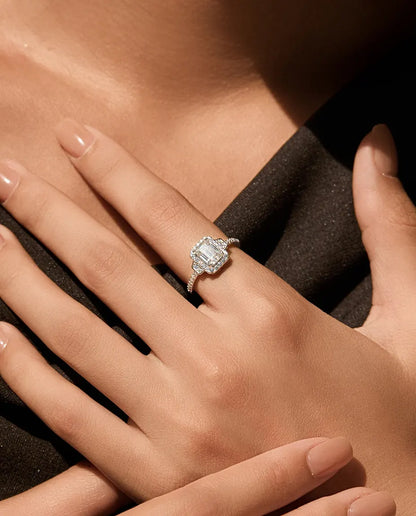 Bague Moissanite – 1 ct Taille Émeraude Couleur D, Halo Art Déco, Argent 925, Bague de Fiançailles Vintage, cadeau pour Elle