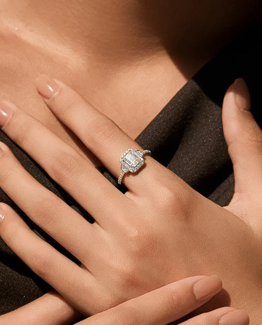 Bague Moissanite – 1 ct Taille Émeraude Couleur D, Halo Art Déco, Argent 925, Bague de Fiançailles Vintage, cadeau pour Elle