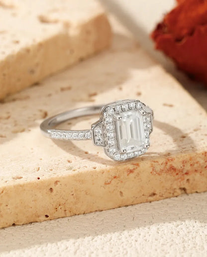 Bague Moissanite – 1 ct Taille Émeraude Couleur D, Halo Art Déco, Argent 925, Bague de Fiançailles Vintage, cadeau pour Elle