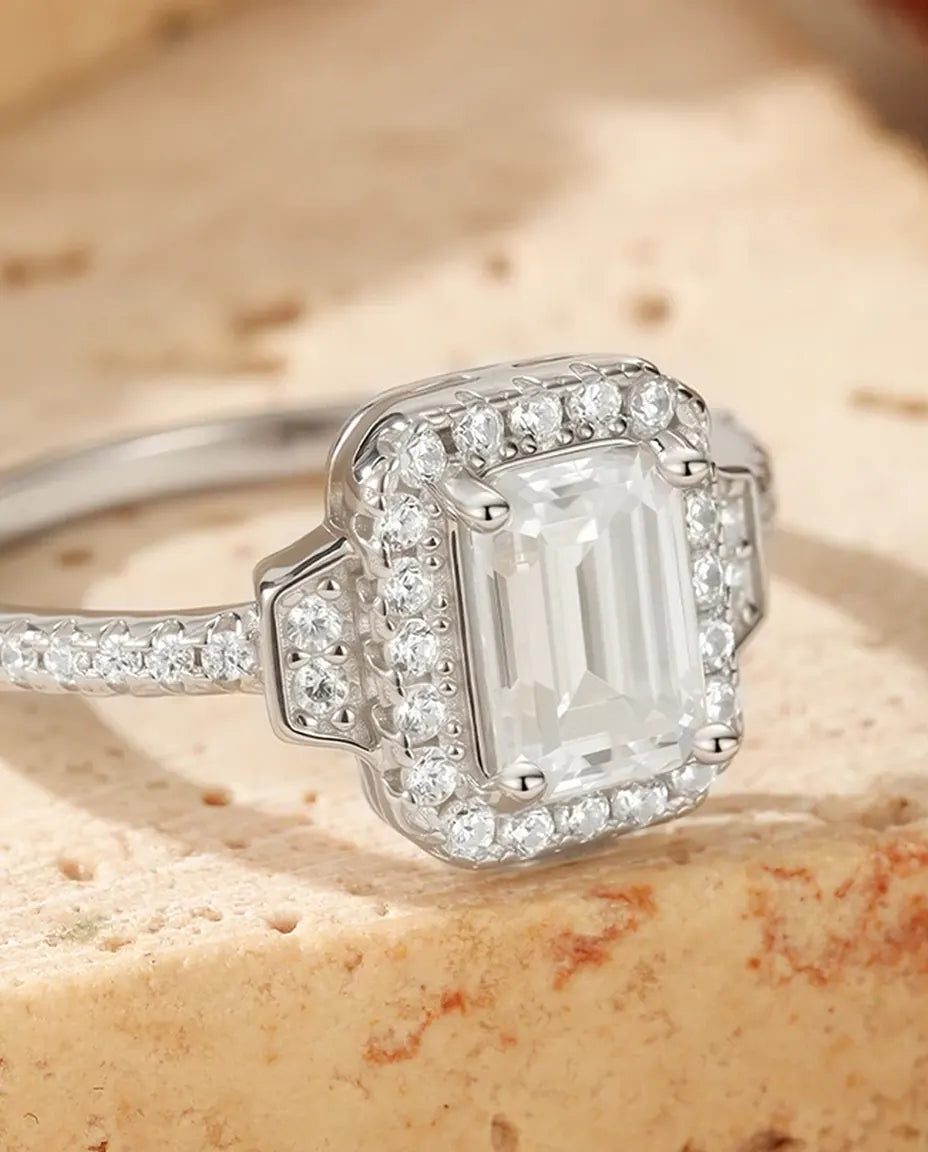 Bague Moissanite – 1 ct Taille Émeraude Couleur D, Halo Art Déco, Argent 925, Bague de Fiançailles Vintage, cadeau pour Elle
