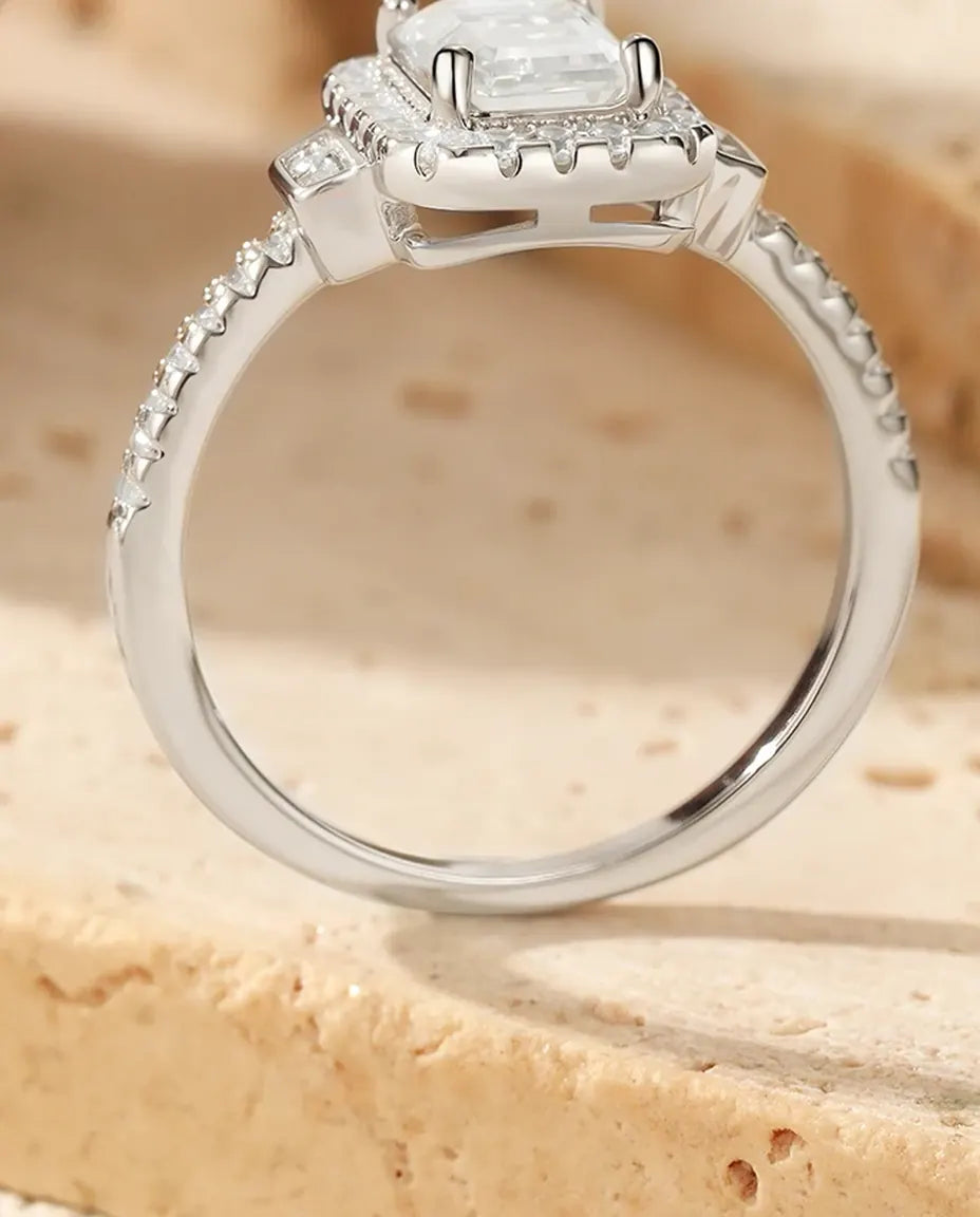 Bague Moissanite – 1 ct Taille Émeraude Couleur D, Halo Art Déco, Argent 925, Bague de Fiançailles Vintage, cadeau pour Elle