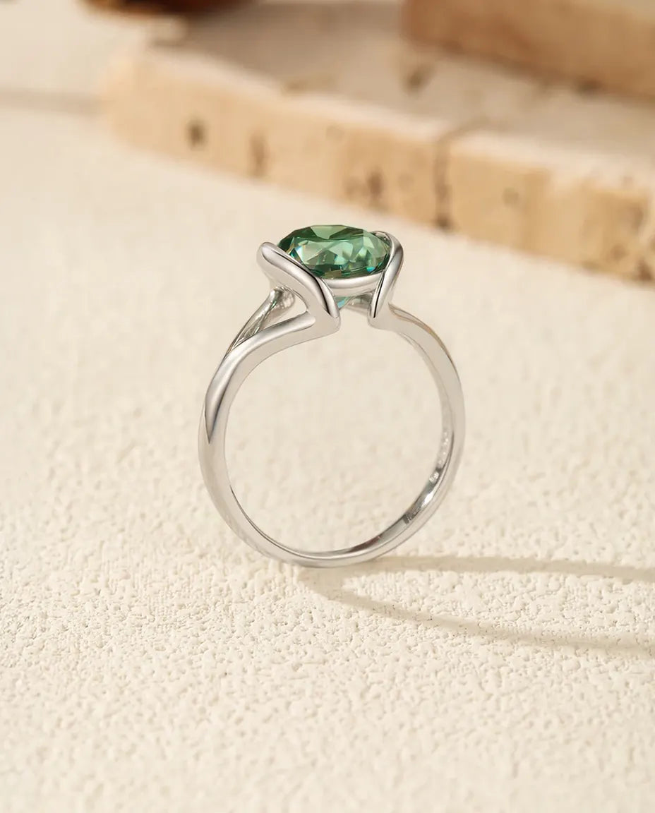 Bague Moissanite Verte – 3 ct Taille Ovale Créée en Laboratoire, Monture Tension Moderne, Argent 925, cadeau pour Elle