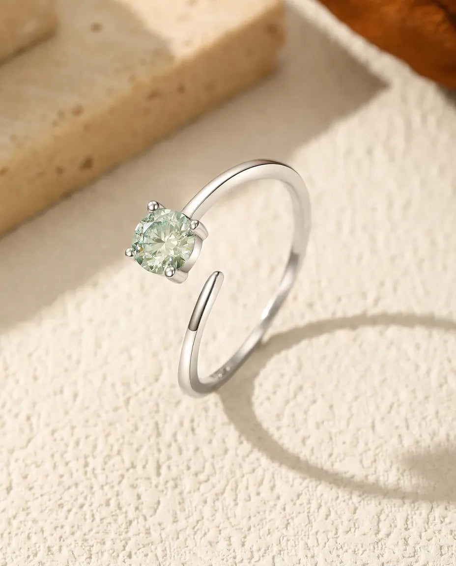 Bague Moissanite – Solitaire Vert 0,5 ct Rond, Anneau Ouvert Ajustable, Couleur D VVS1, Argent 925, Cadeau pour Elle