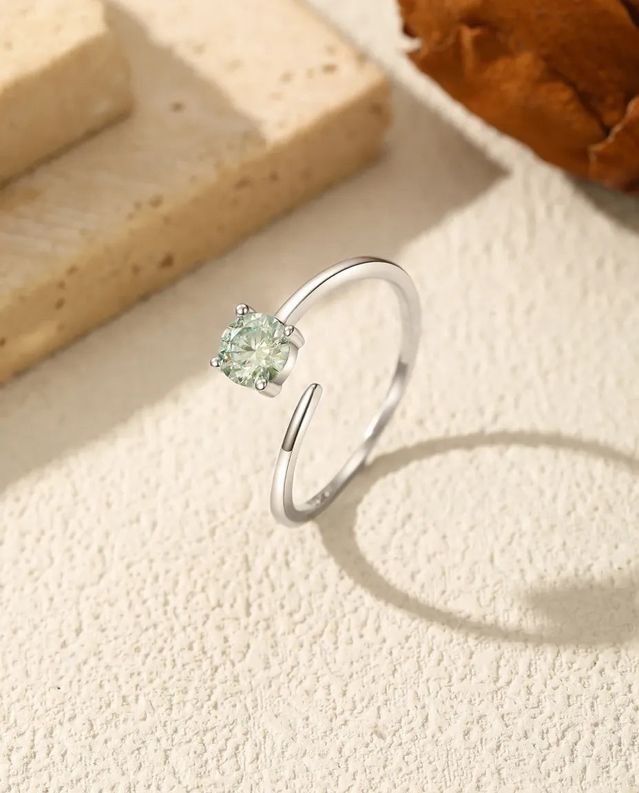 Bague Moissanite – Solitaire Vert 0,5 ct Rond, Anneau Ouvert Ajustable, Couleur D VVS1, Argent 925, Cadeau pour Elle
