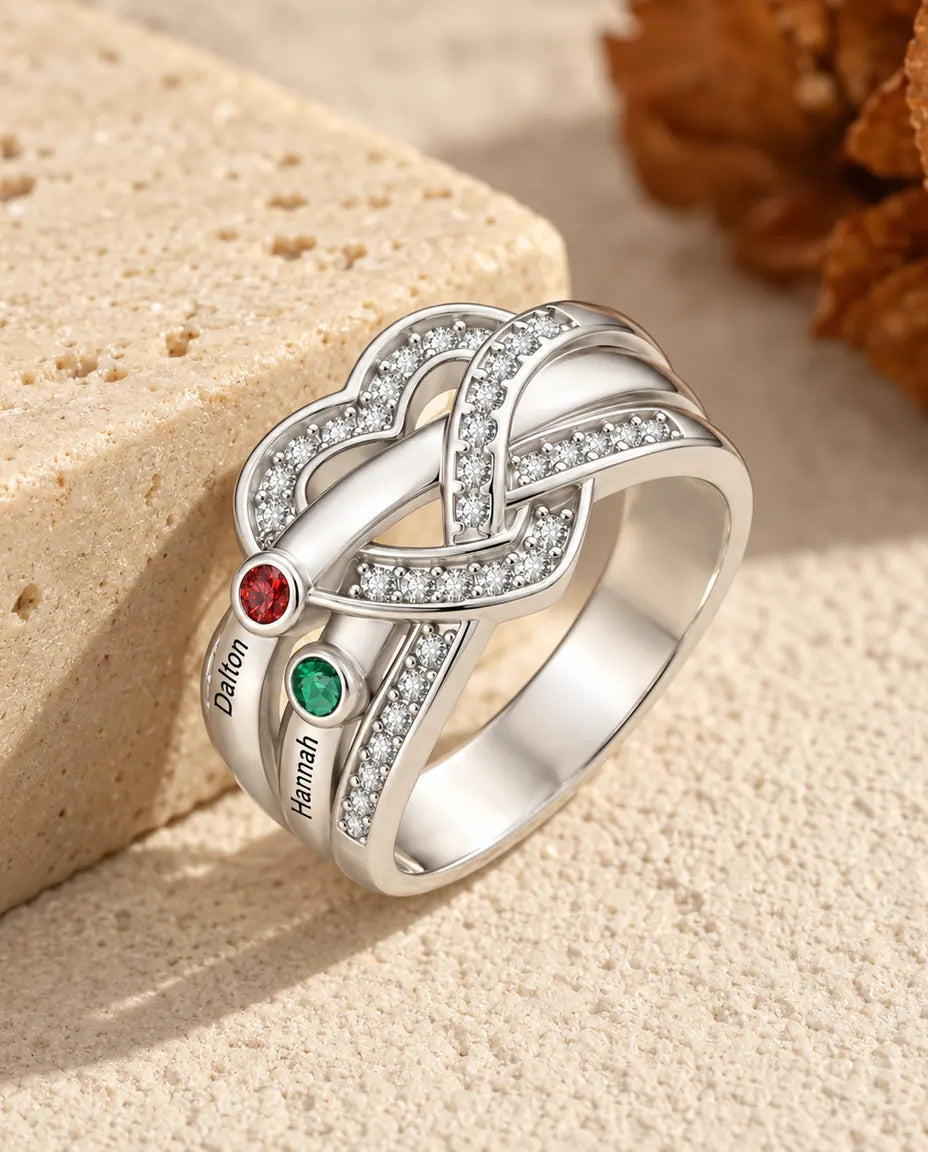 Bague pierre de naissance personnalisée 2-6 prénoms - bague de famille nœud de cœur avec prénoms gravés et pierres simulées, rhodiée