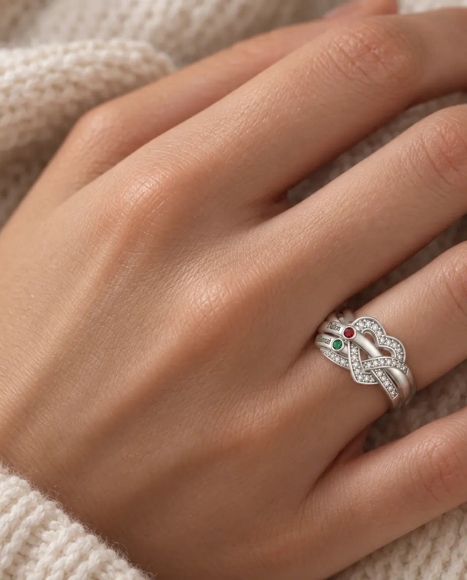 Bague pierre de naissance personnalisée 2-6 prénoms - bague de famille nœud de cœur avec prénoms gravés et pierres simulées, rhodiée