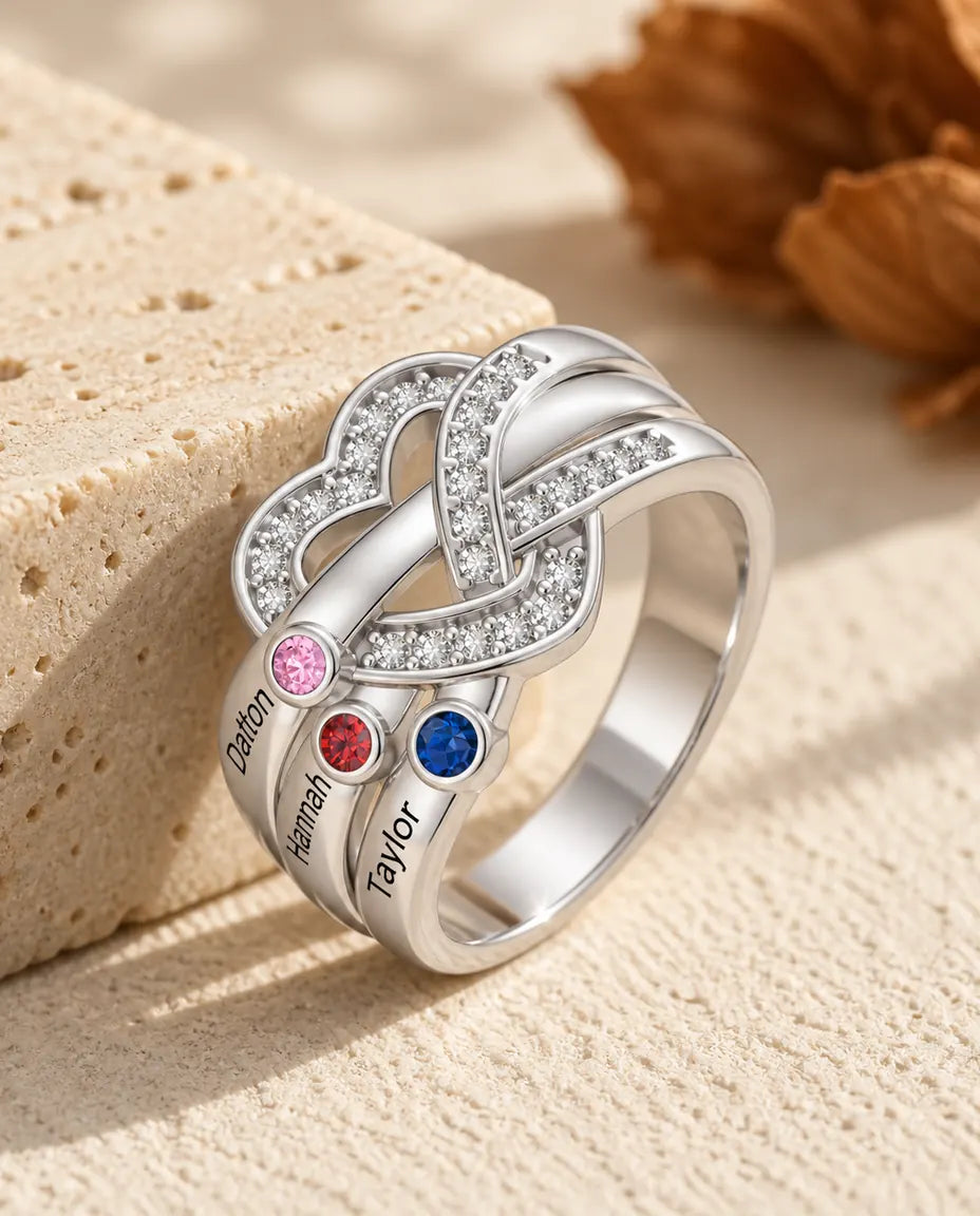 Bague pierre de naissance personnalisée 2-6 prénoms - bague de famille nœud de cœur avec prénoms gravés et pierres simulées, rhodiée