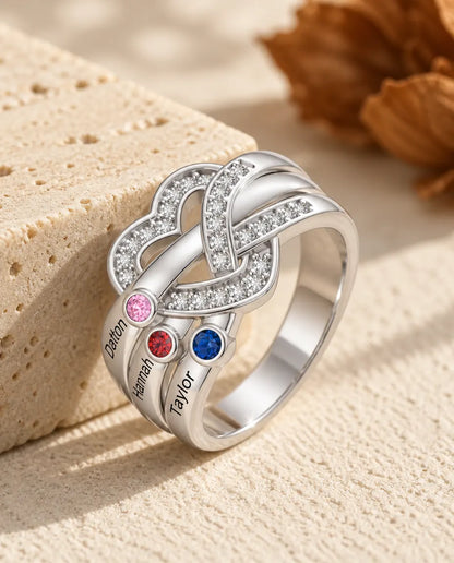 Bague pierre de naissance personnalisée 2-6 prénoms - bague de famille nœud de cœur avec prénoms gravés et pierres simulées, rhodiée