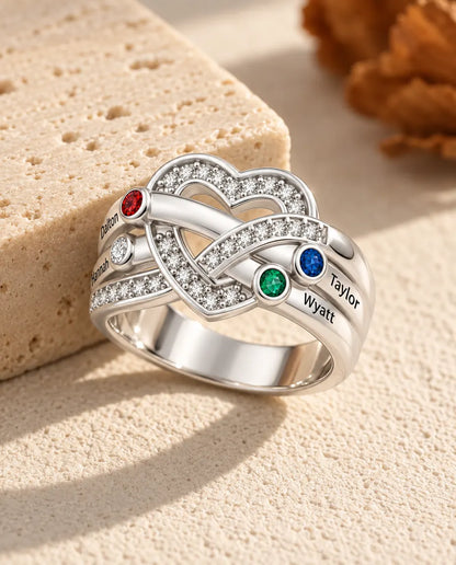 Bague pierre de naissance personnalisée 2-6 prénoms - bague de famille nœud de cœur avec prénoms gravés et pierres simulées, rhodiée