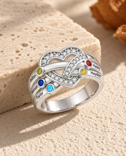 Bague pierre de naissance personnalisée 2-6 prénoms - bague de famille nœud de cœur avec prénoms gravés et pierres simulées, rhodiée