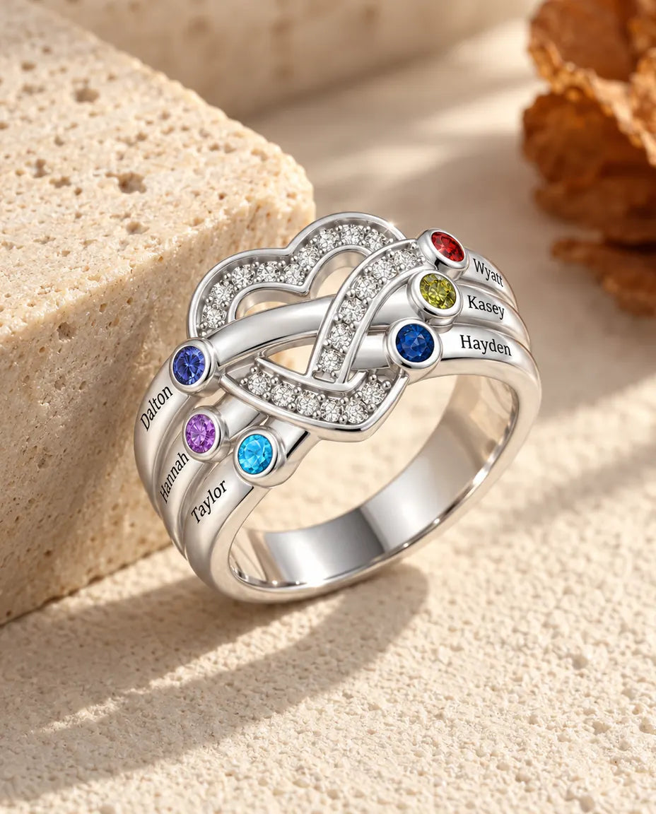 Bague pierre de naissance personnalisée 2-6 prénoms - bague de famille nœud de cœur avec prénoms gravés et pierres simulées, rhodiée