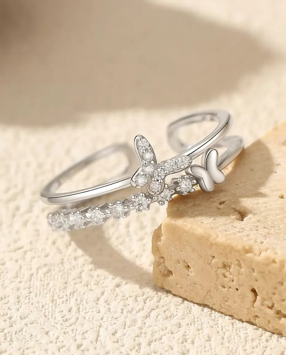 Bague Papillon Zircone - deux papillons sur un double fil avec ligne pavée, réglable, argent 925, US 6 à 9