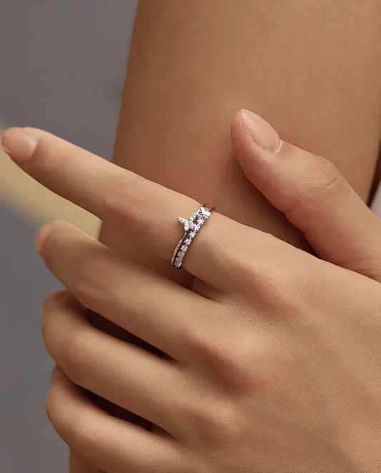 Bague Papillon Zircone - deux papillons sur un double fil avec ligne pavée, réglable, argent 925, US 6 à 9