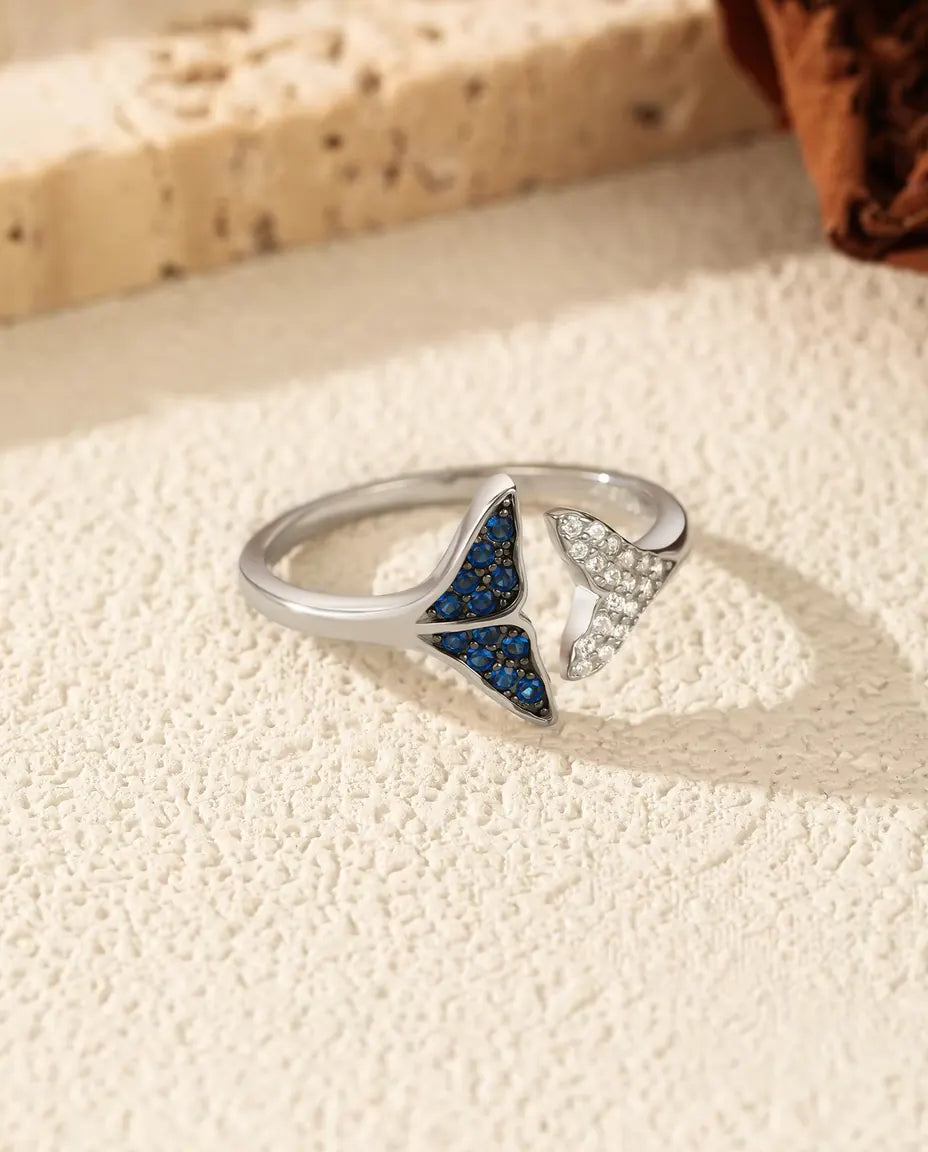 Bague Queue de Baleine ouverte réglable - pierres bleues et blanches, tailles US 6 à 9, argent 925