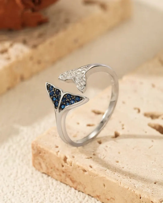Bague Queue de Baleine ouverte réglable - pierres bleues et blanches, tailles US 6 à 9, argent 925