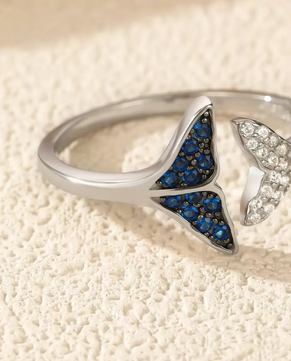 Bague Queue de Baleine ouverte réglable - pierres bleues et blanches, tailles US 6 à 9, argent 925