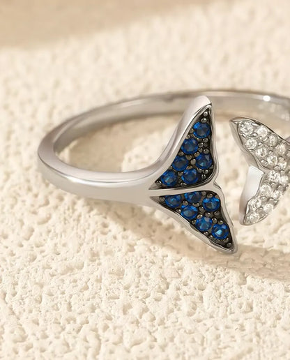 Bague Queue de Baleine ouverte réglable - pierres bleues et blanches, tailles US 6 à 9, argent 925