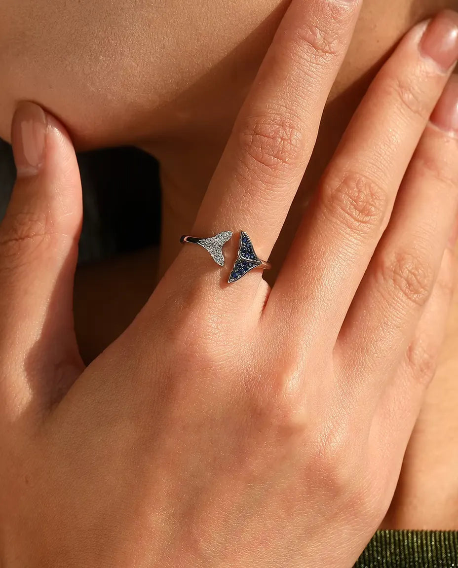 Bague Queue de Baleine ouverte réglable - pierres bleues et blanches, tailles US 6 à 9, argent 925