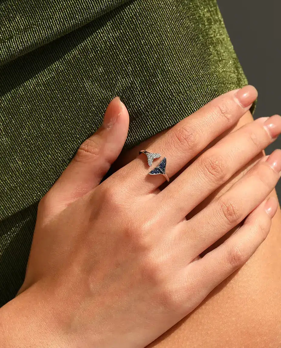 Bague Queue de Baleine ouverte réglable - pierres bleues et blanches, tailles US 6 à 9, argent 925