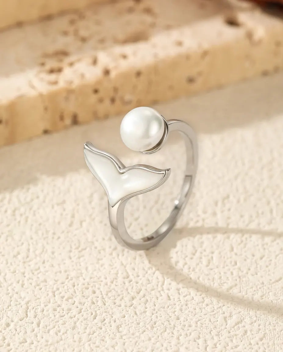 Bague Queue de Baleine à Perle - anneau ouvert réglable, nageoire blanche, argent massif 925