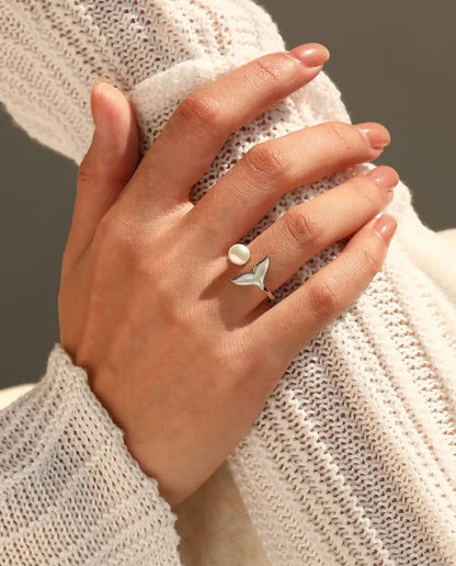 Bague Queue de Baleine à Perle - anneau ouvert réglable, nageoire blanche, argent massif 925