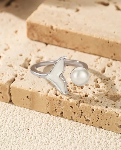 Bague Queue de Baleine à Perle - anneau ouvert réglable, nageoire blanche, argent massif 925