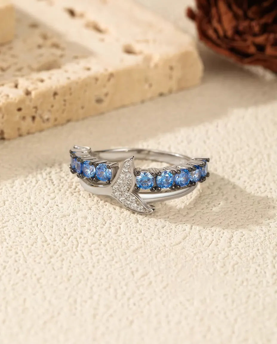 Bague Queue de Baleine - zircons bleus et blancs sur anneau croisé, tailles 5 à 9, argent 925