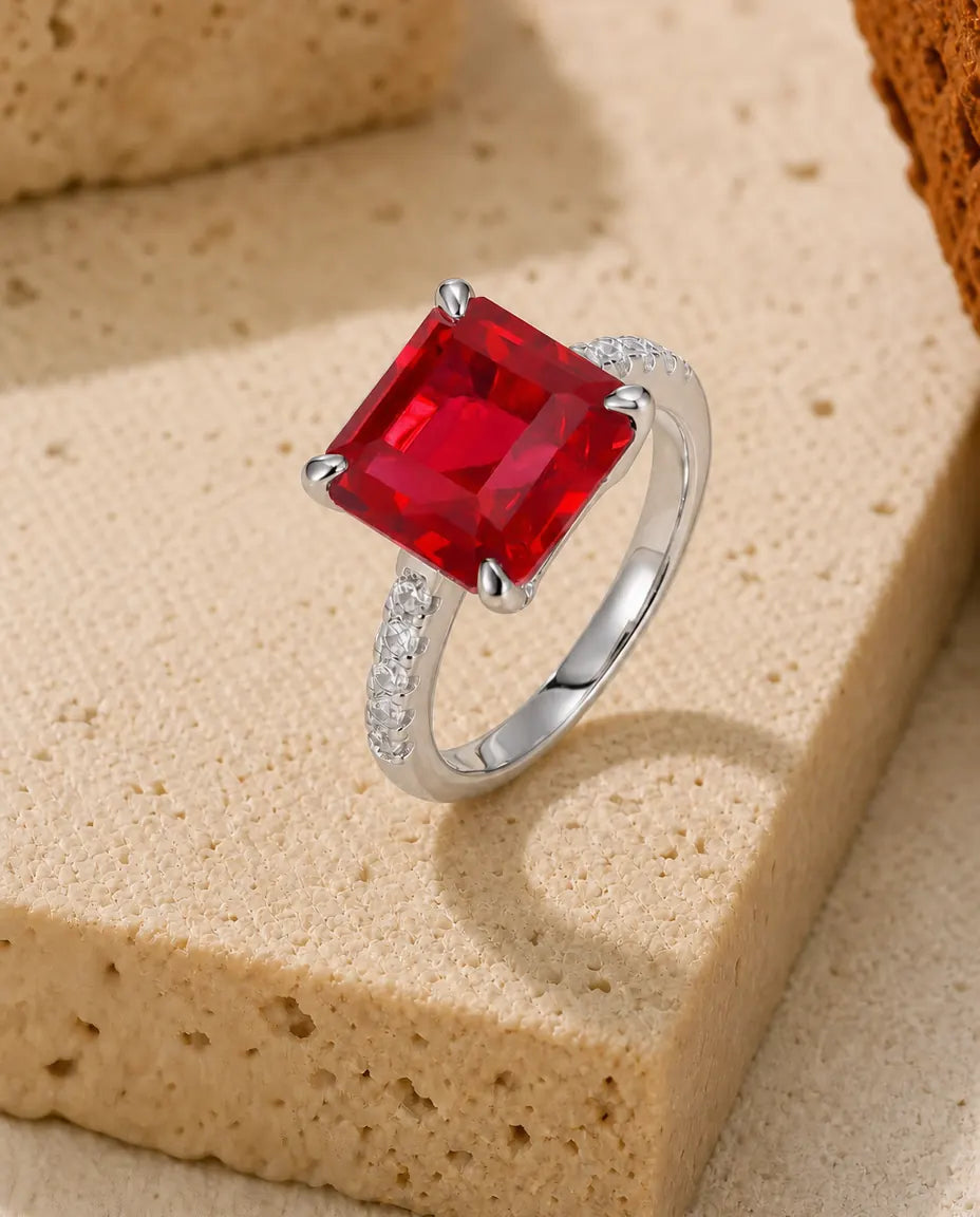 Bague Rubis – Pierre Carrée Créée en Laboratoire sur Anneau Pavé, Argent 925, Pierre de Naissance de Juillet pour Femme