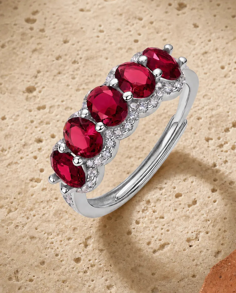 Bague Rubis – Cinq Rubis Ovales Créés en Laboratoire en Halos Dégradés, Argent Sterling 925, Anneau Ouvert Ajustable, Cadeau pour Elle