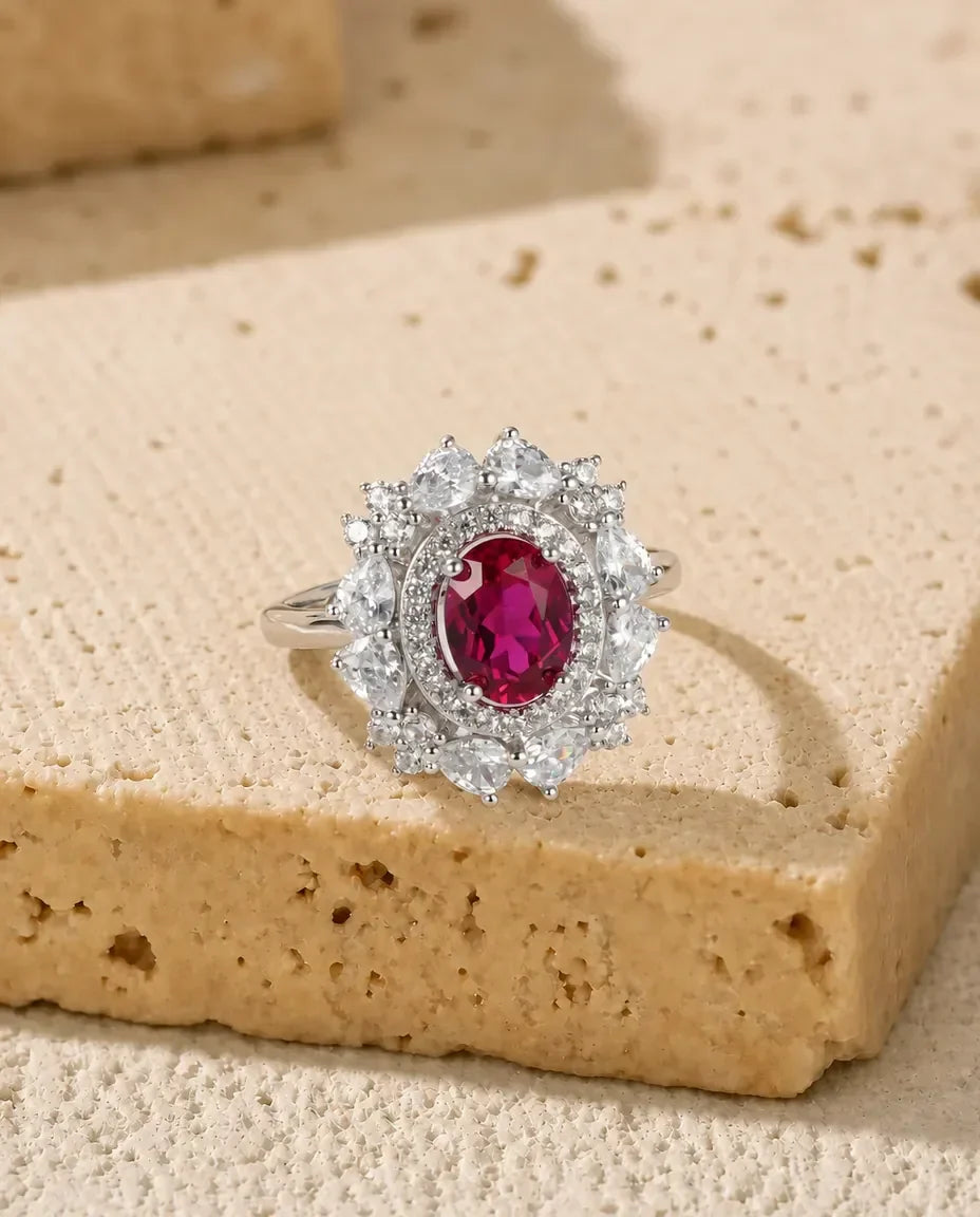 Bague Rubis – Ovale Créé en Laboratoire, Double Halo Vintage, Anneau Ouvert Ajustable en Argent 925
