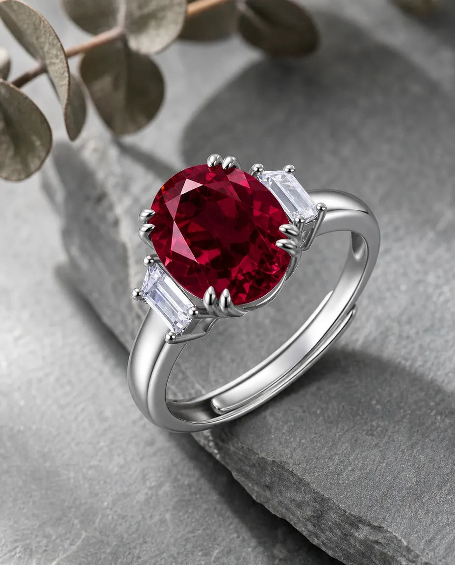 Bague Rubis – Grand Solitaire Ovale Rubis Créé en Laboratoire, Argent 925, Pierre de Naissance de Juillet, Cadeau pour Femme