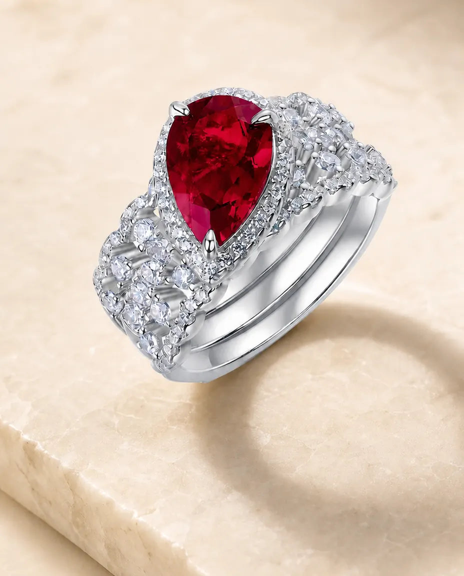 Bague Rubis – Rubis Poire Créé en Laboratoire, Duo de Bagues Halo en Argent 925, Pierre de Naissance de Juillet, cadeau pour femme