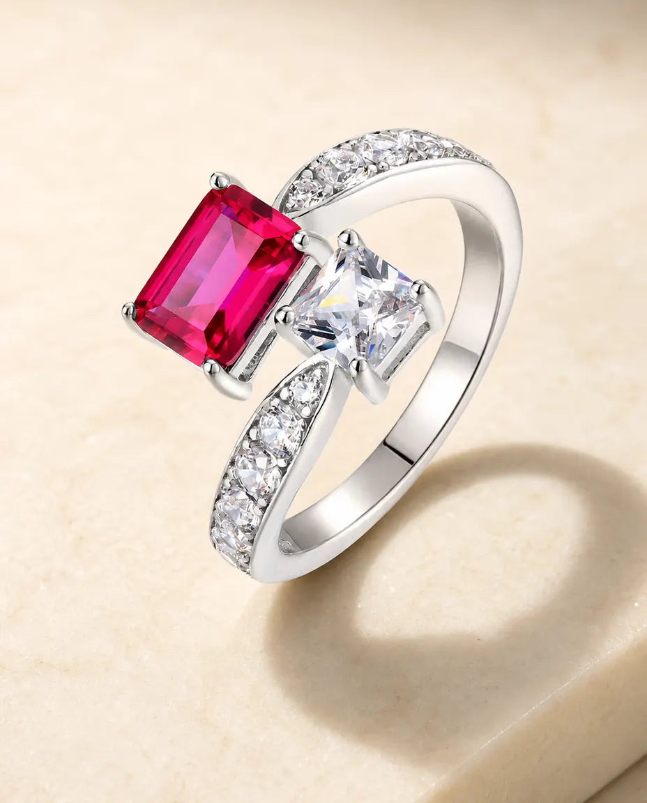 Bague Rubis – Toi et Moi avec Rubis Carré Créé en Laboratoire, Argent Sterling 925, Anneau Ouvert Ajustable, Cadeau pour Elle