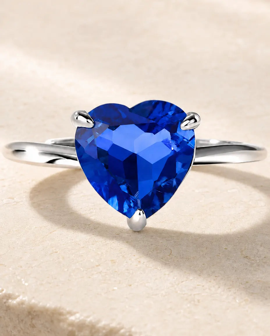 Bague Saphir – Cœur Bleu Créé en Laboratoire, Solitaire Fin, Anneau Ouvert Ajustable, Argent 925, cadeau pour Elle