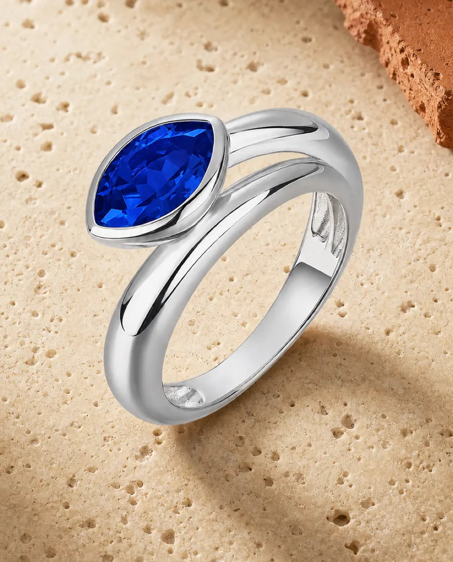 Bague Saphir – Marquise Bleue Créée en Laboratoire Sertie Clos à l'Horizontale, Anneau Large Argent 925, Cadeau pour Elle