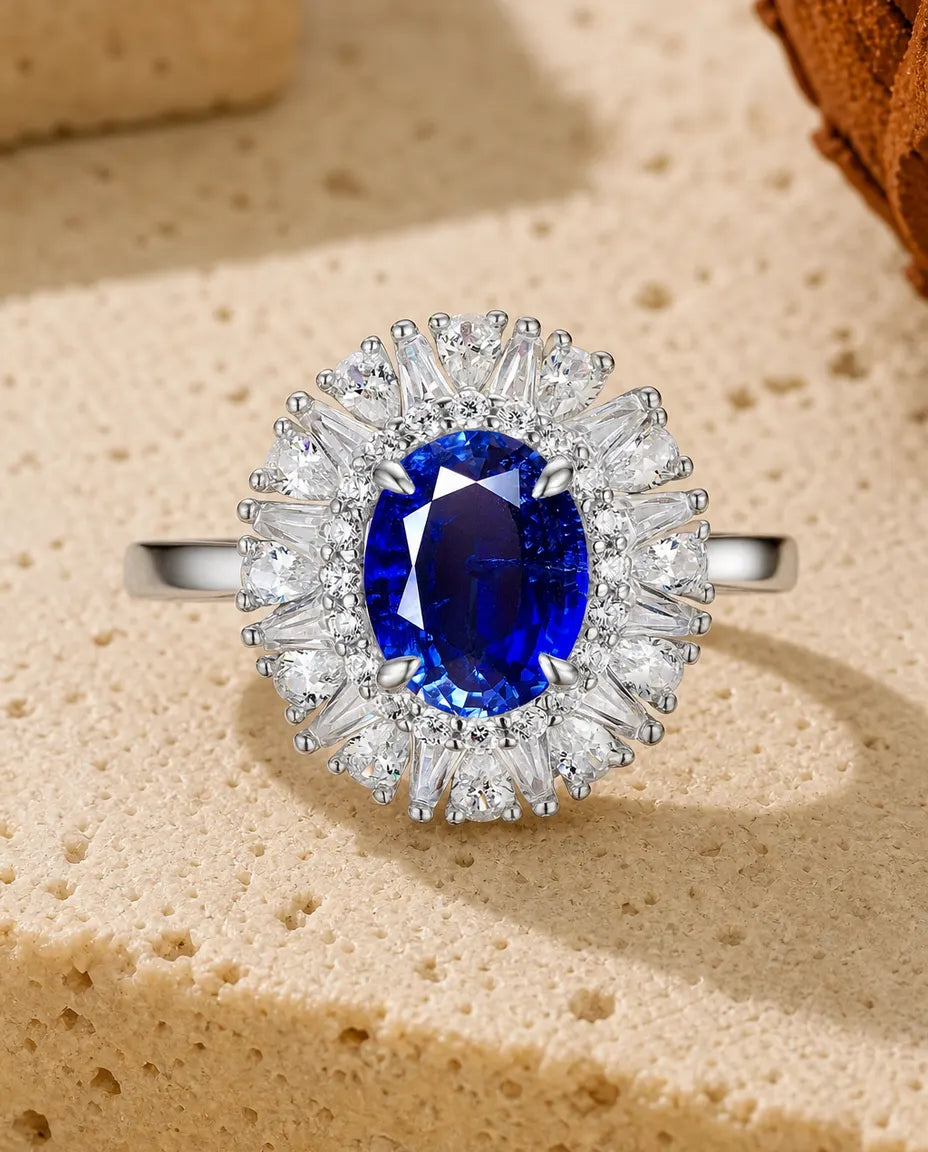 Bague Saphir – Saphir Bleu Ovale Créé en Laboratoire, Halo Rayonnant, Argent 925, Pierre de Naissance Septembre, Cadeau pour Elle