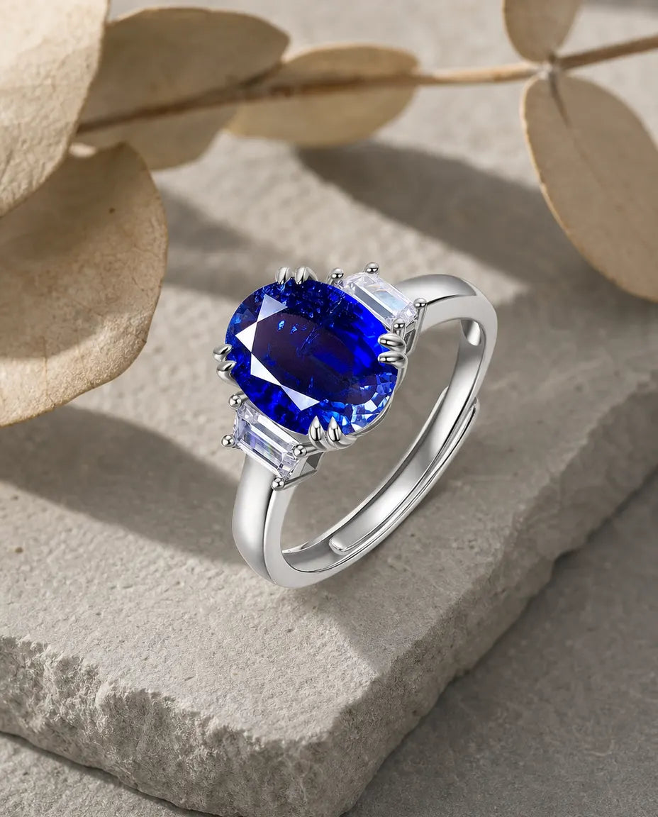 Bague Saphir créé en laboratoire – Grand solitaire ovale bleu en argent 925, pierre de naissance de septembre, cadeau pour femme