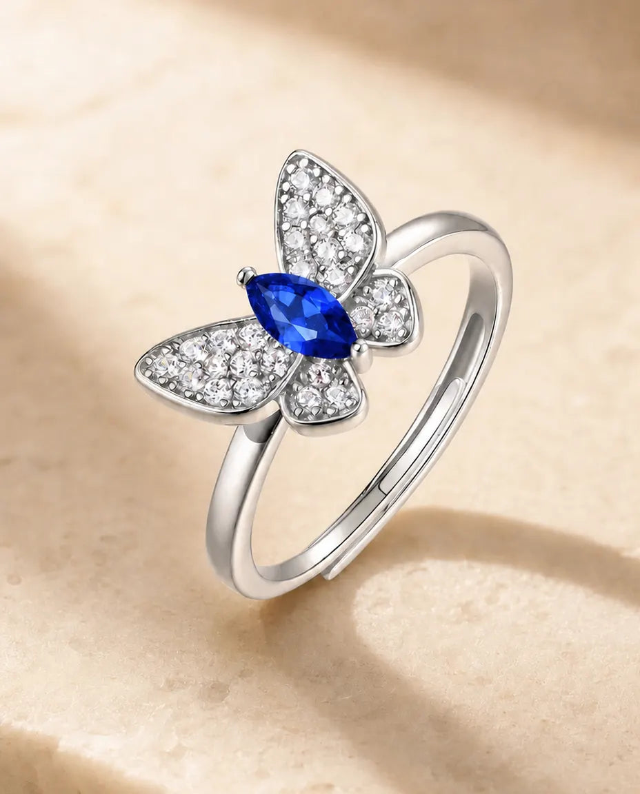 Bague Saphir – Papillon Pavé avec Saphir Marquise Créé en Laboratoire, Argent Sterling 925, Anneau Ouvert Ajustable, Cadeau pour Elle